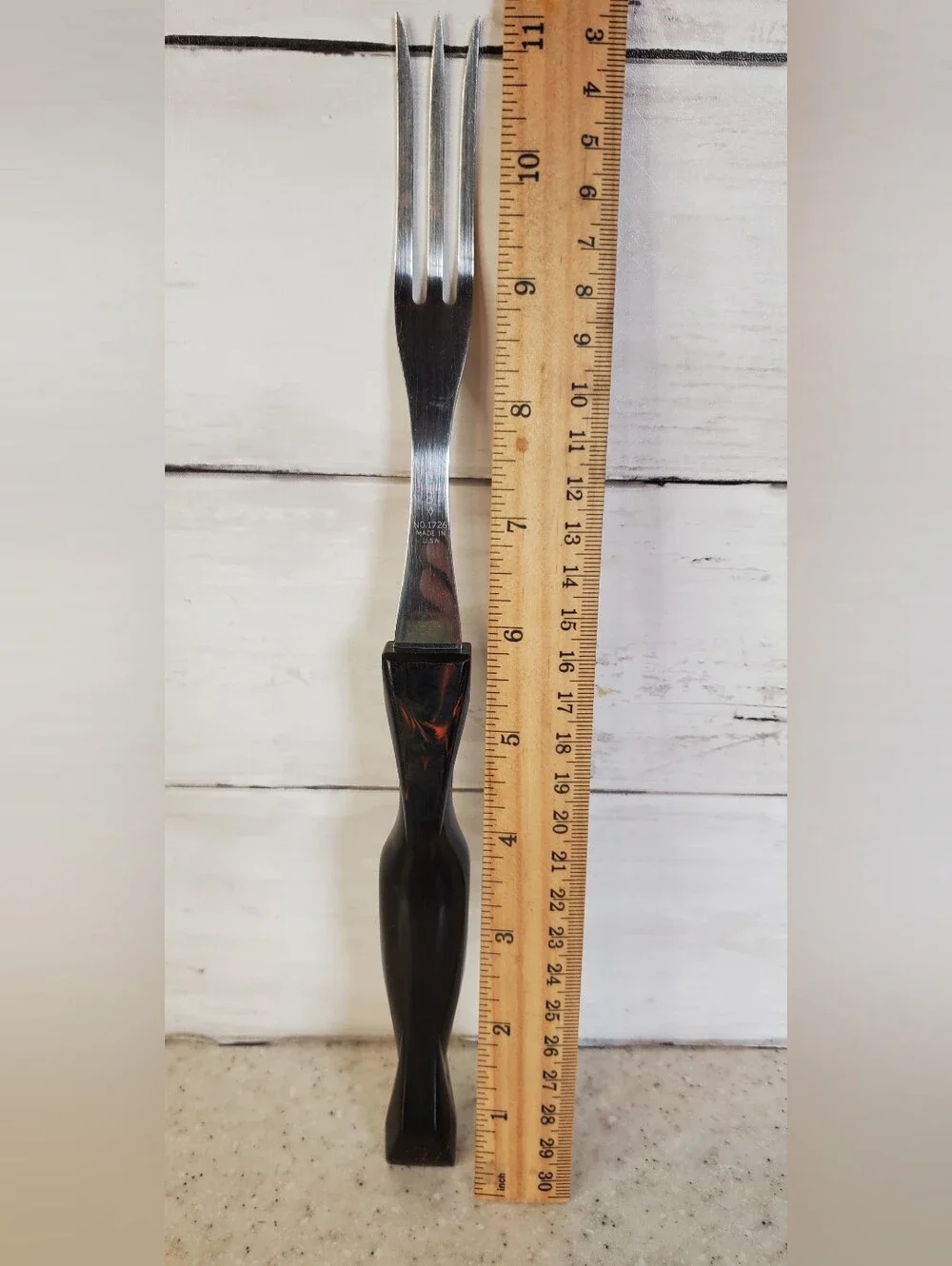 Vintage Cutco 1726 3 Tine Serving Fork Brown Marbled Handle USA Carving Meat